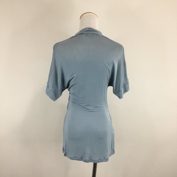 BCBGMAXAZRIA Shiny Stretch Slate Blue Knot Front V Neck Flutter Sleeve Shirt - Picture 6 of 12